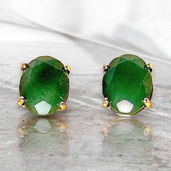 NEW Oval Stud Earrings Natural Green Aventurine 18K Gold Plated Classic 90s - Picture 10 of 11